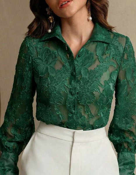 Anewsta Women Elegant Charming Micro-Sheer Jacquard Pattern Turtleneck Blouse Women Shirt