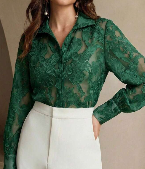 Anewsta Women Elegant Charming Micro-Sheer Jacquard Pattern Turtleneck Blouse Women Shirt