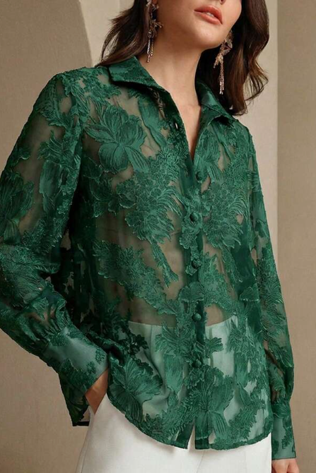 Anewsta Women Elegant Charming Micro-Sheer Jacquard Pattern Turtleneck Blouse Women Shirt