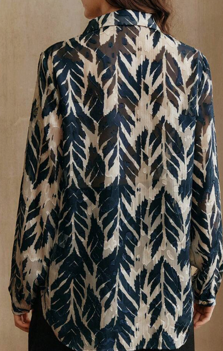 Anewsta Vintage Elegant Tree Shadow & Leaf Tropical Print Chiffon Loose Long Sleeve Women Blouse