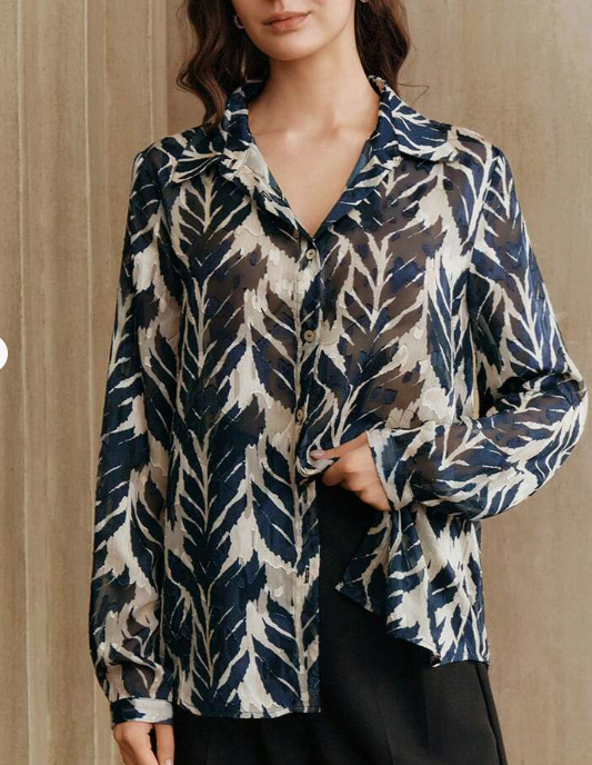 Anewsta Vintage Elegant Tree Shadow & Leaf Tropical Print Chiffon Loose Long Sleeve Women Blouse