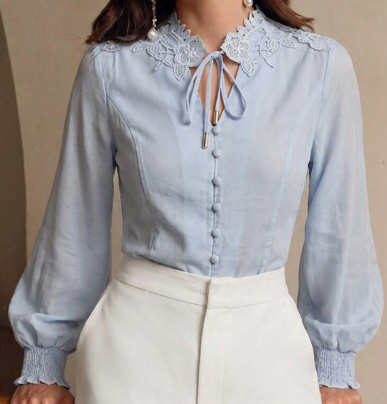 Anewsta Women's Casual Floral Collar Tie-Front Long Sleeve Blouse, Elegant And Graceful, Spring/Summer
