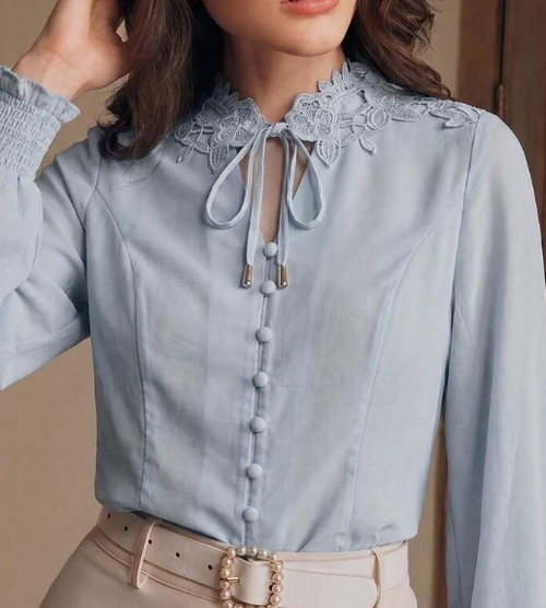 Anewsta Women's Casual Floral Collar Tie-Front Long Sleeve Blouse, Elegant And Graceful, Spring/Summer