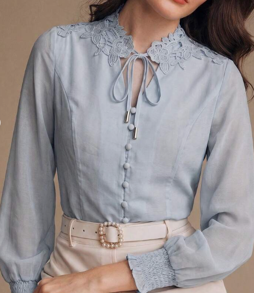 Anewsta Women's Casual Floral Collar Tie-Front Long Sleeve Blouse, Elegant And Graceful, Spring/Summer